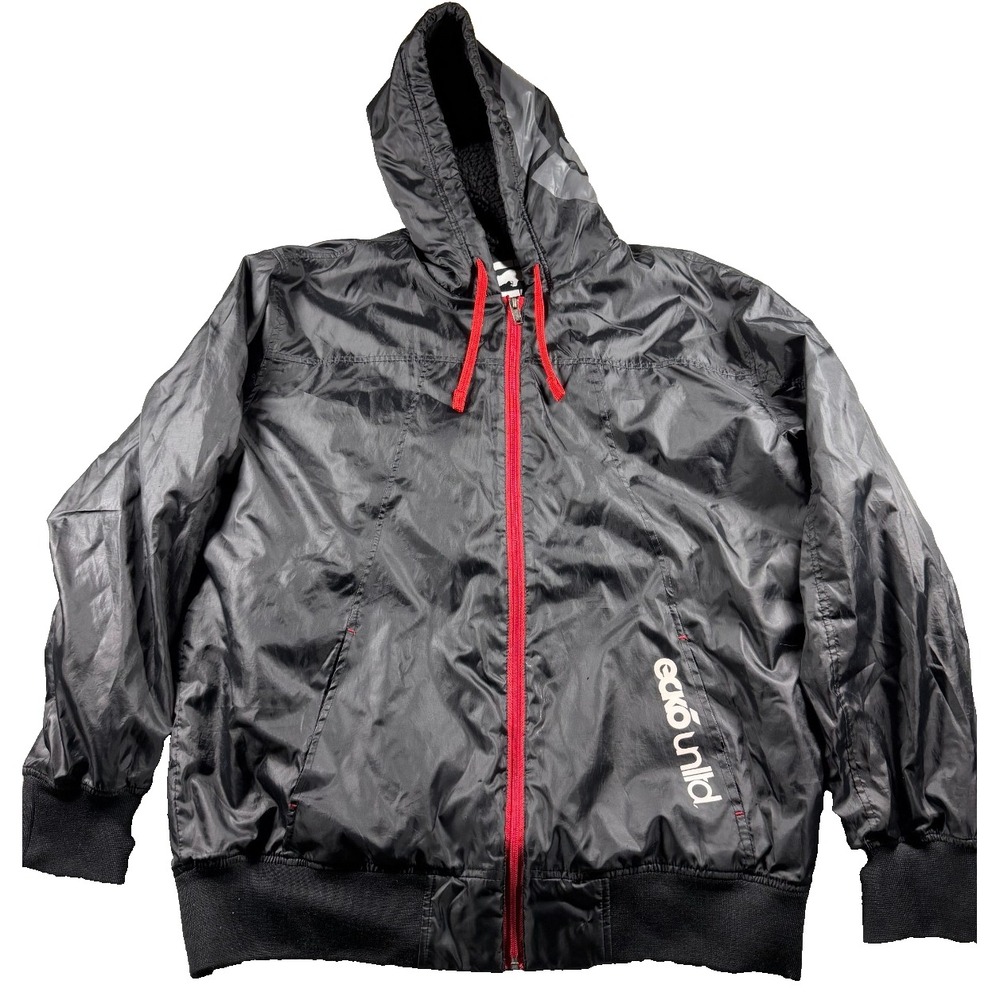 Ecko Unltd Jacket Mens XL Black Sherpa Lined Hooded Windbreaker Y2K Hip Hop